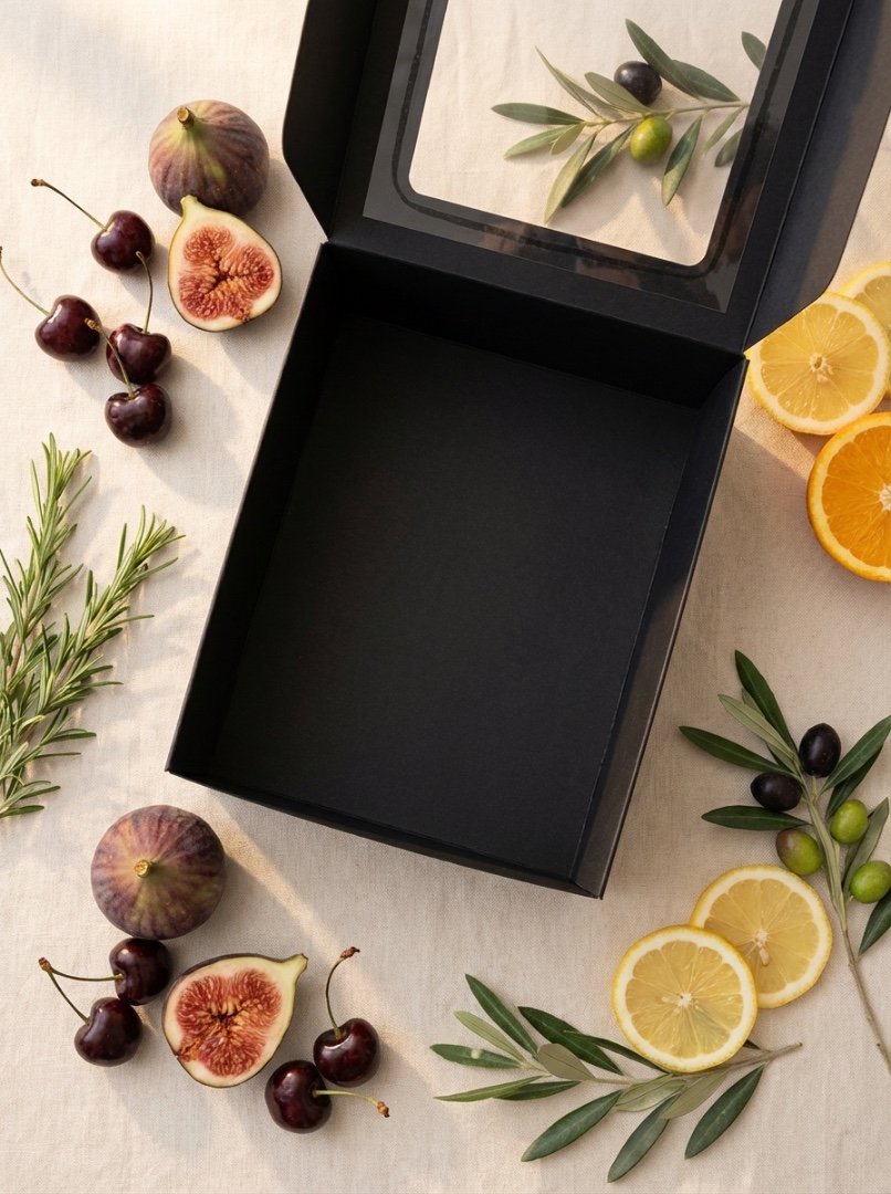 Black magnetic folding cardboard box with window and leather handle 21/27+9 cm